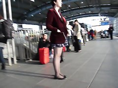 Following lewd babe in Red Jacket & Short Skirt