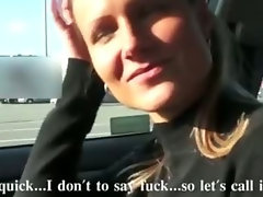 Blondie slutty girl demonstrates her knockers to car chauffeur and gets cash to show more