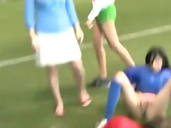 Bunch of amateur american lasses bare football and eating slit