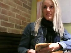 Blond amateur is convinced to have sex in the public toilet