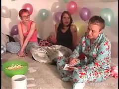 Pijama sex party with raunchy teens playing truth or dare