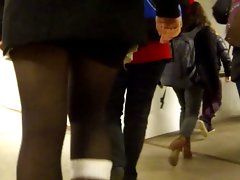 Candid - 18yo Lass In Ebony Skirt And Stockings