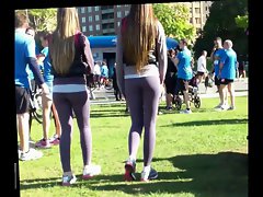 Two luscious teen lady waking in leggings