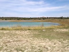 Paseando al perro por el lago.