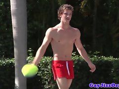 Cum covered jock outdoors gets anally banged