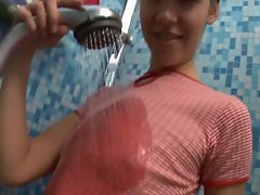 Euro raunchy teen with little tiny breasts taking a Shower solo
