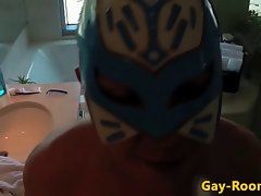 Masked hunk screws freshly shaven friend