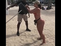 brunette beach workout with round ass