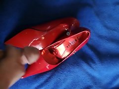 Spunking over Shiny Crimson High High-heeled slippers