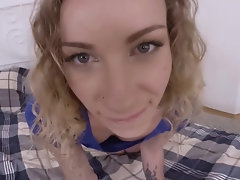 Curly-haired beauty massages sweet pussy in hot VR video
